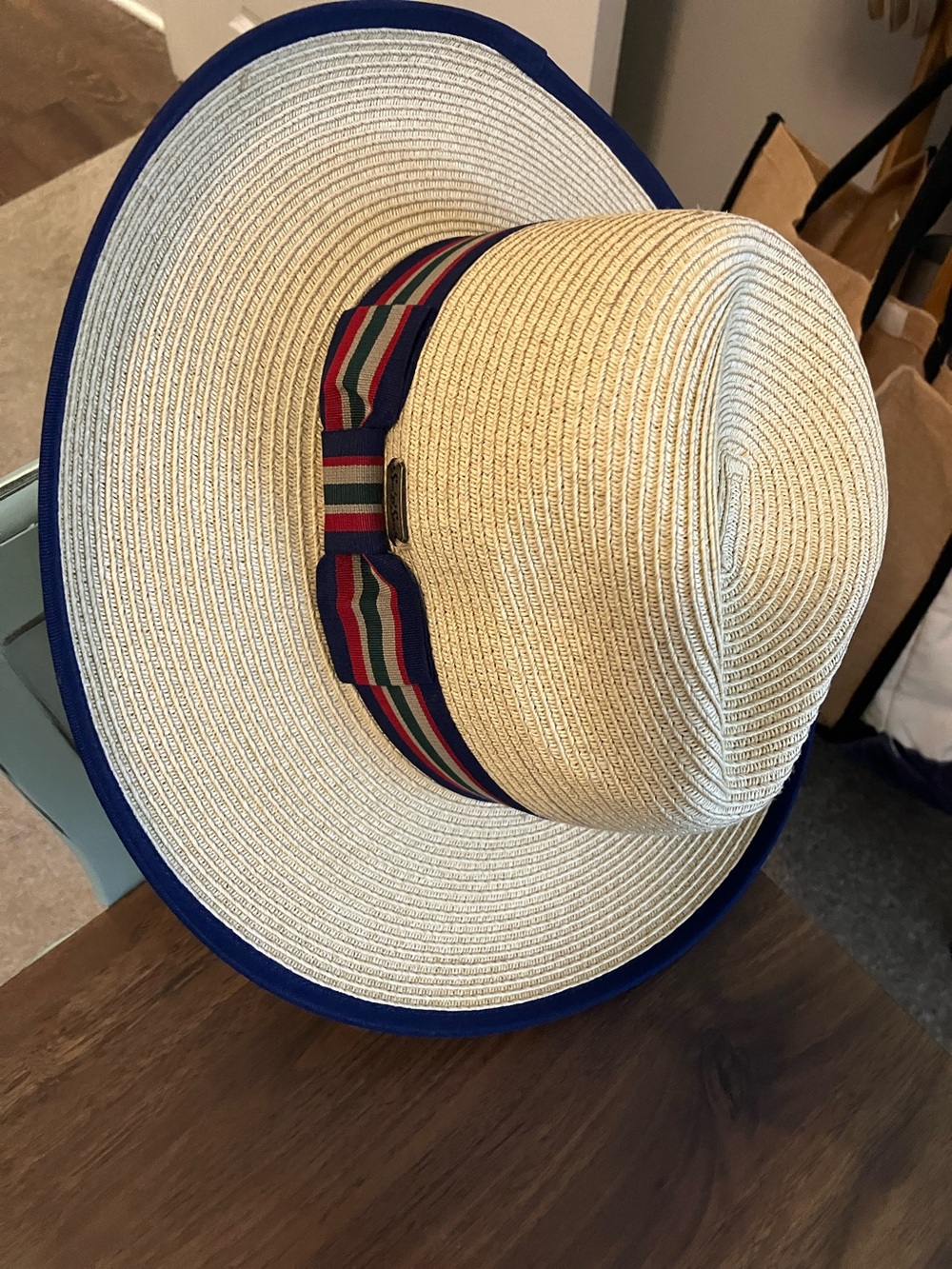 Wide Brim Straw Sun Hat with Navy Trim